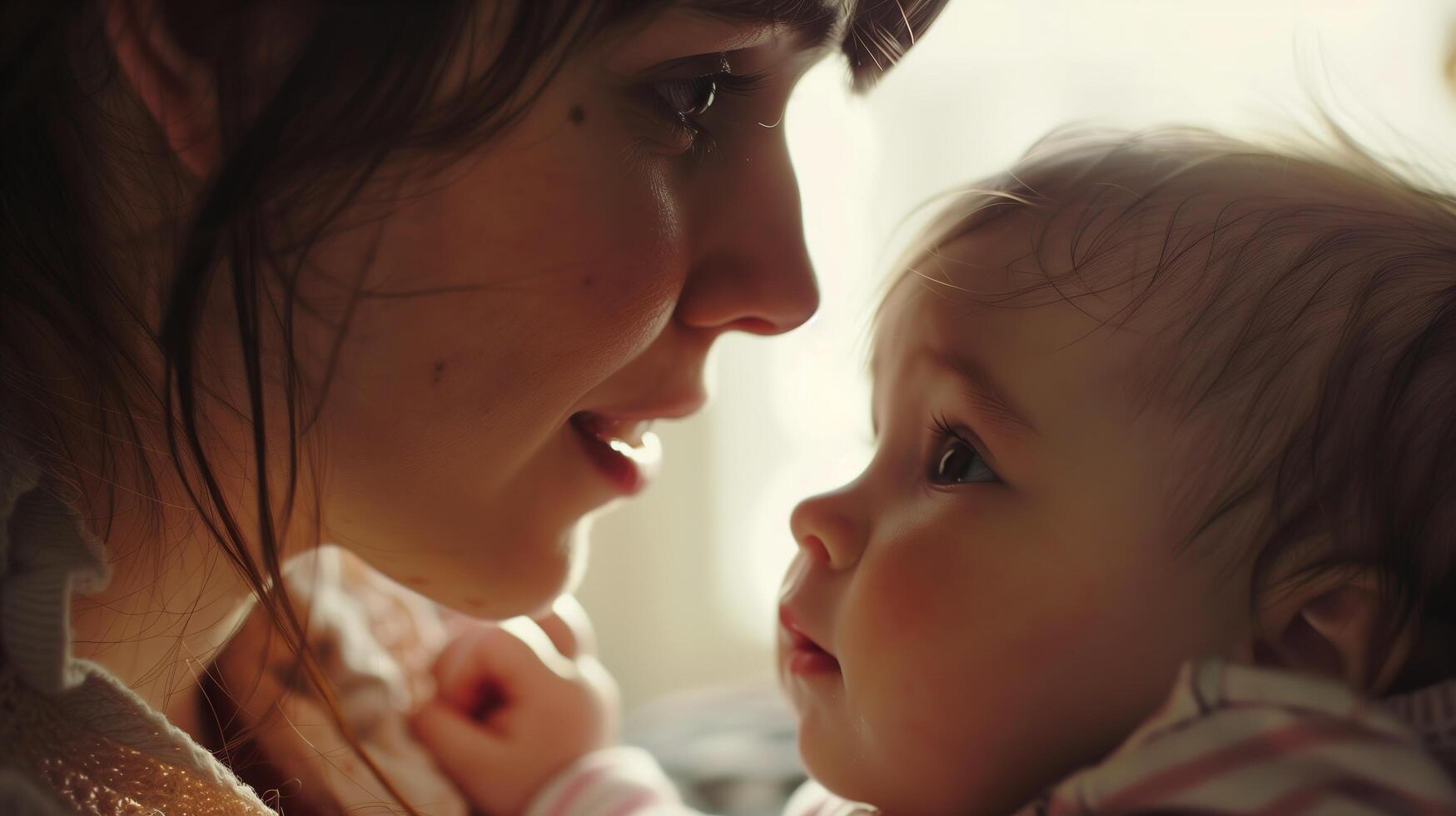 A close-up shot of a young mother's loving gaze as she interacts with her three-month-old baby photo