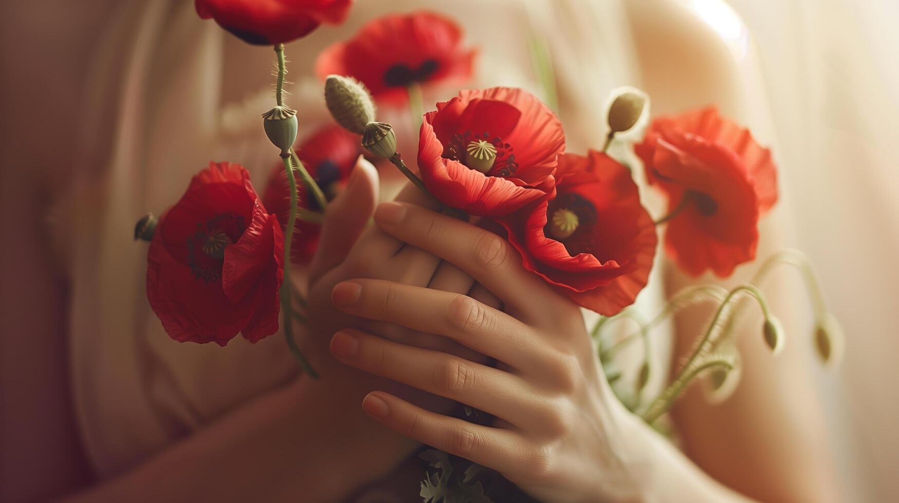 A woman's hands gently clasping a bunch of crimson poppies, the soft natural light accentuating their delicate beauty and the emotions they symbolize photo
