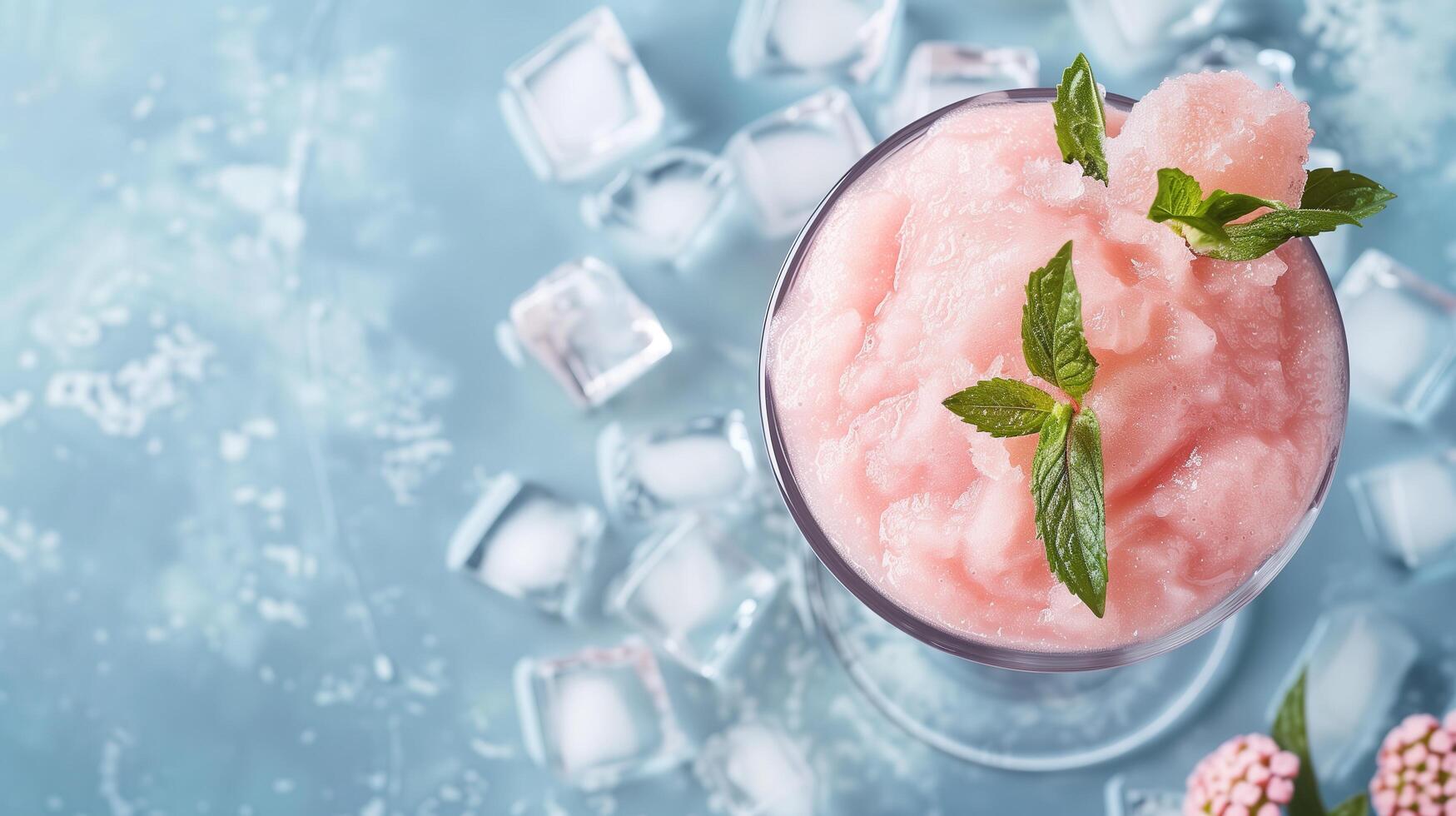 A cold sherbet in a glass with some ice cubes in it, copy space photo