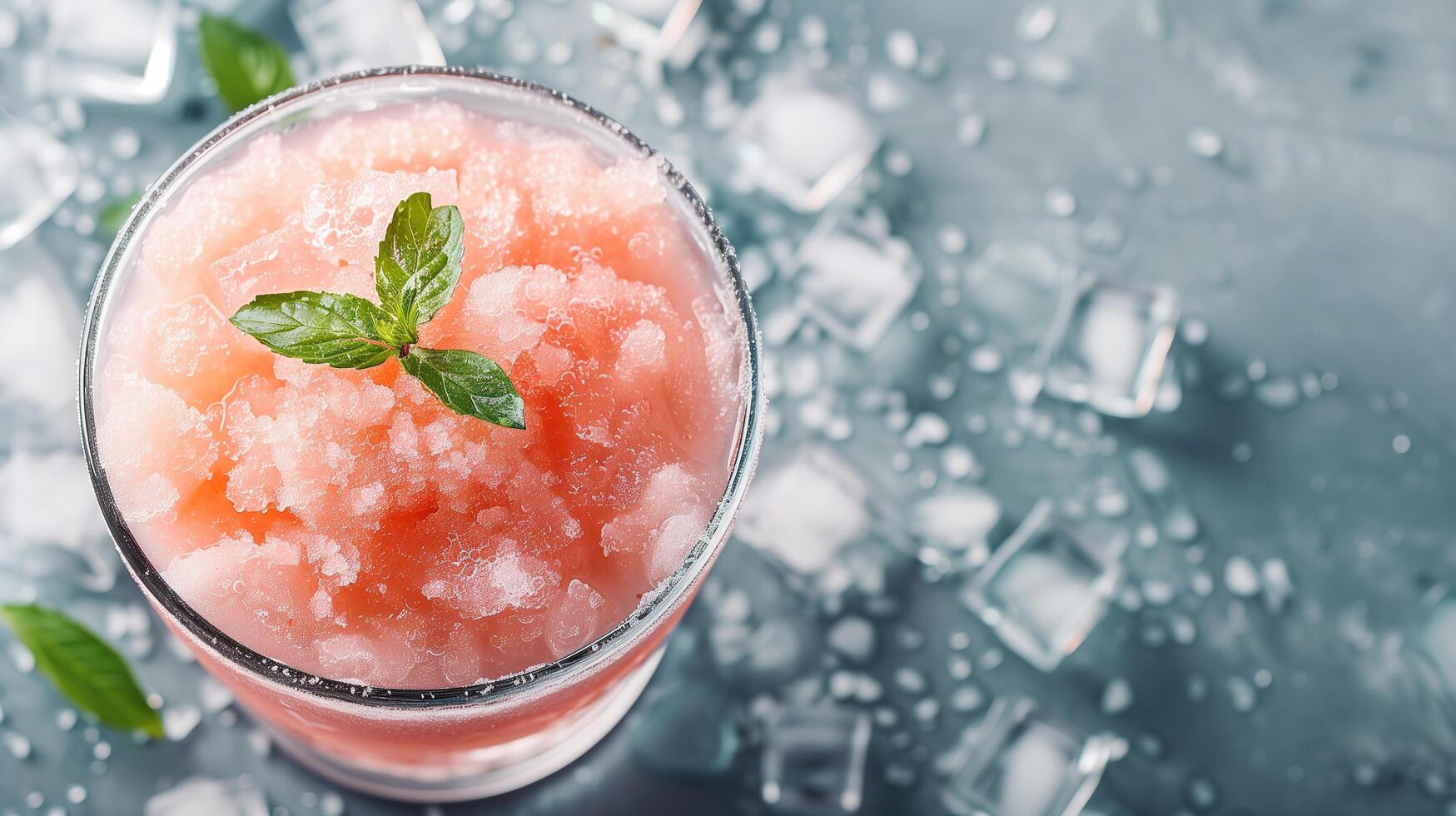 A cold sherbet in a glass with some ice cubes in it, copy space photo