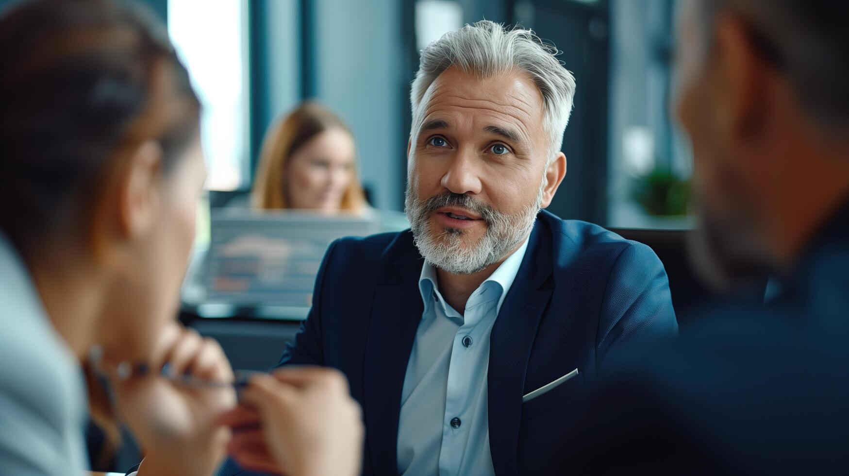 A confident financial advisor explaining investment options to attentive clients in a sleek, professional office environment photo