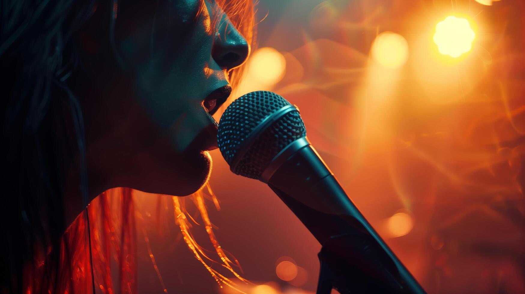 A close-up shot of a professional female singer passionately performing with a microphone on stage photo