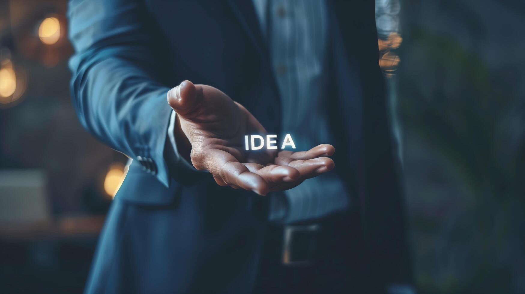 A close-up of a businessman's hand gesturing with IDEA written on the palm photo