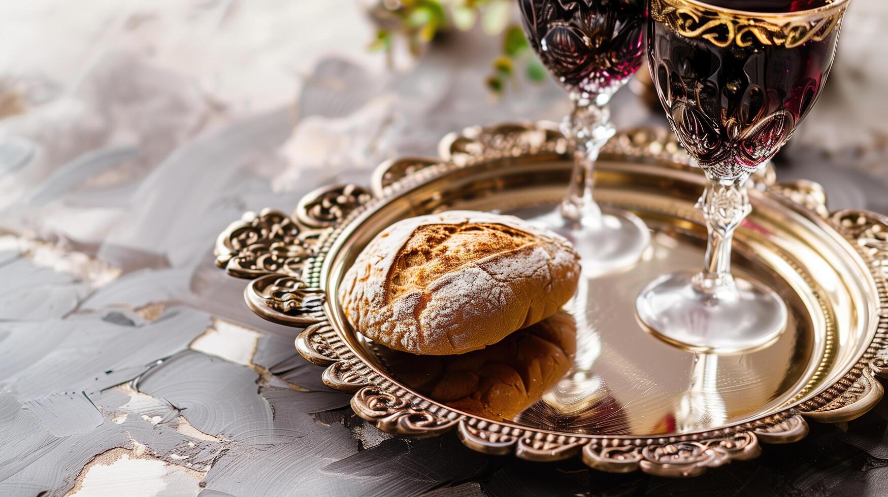 A close-up photograph of the Holy Communion bread and wine placed on an ornate silver tray, set against the backdrop of a traditional church altar photo