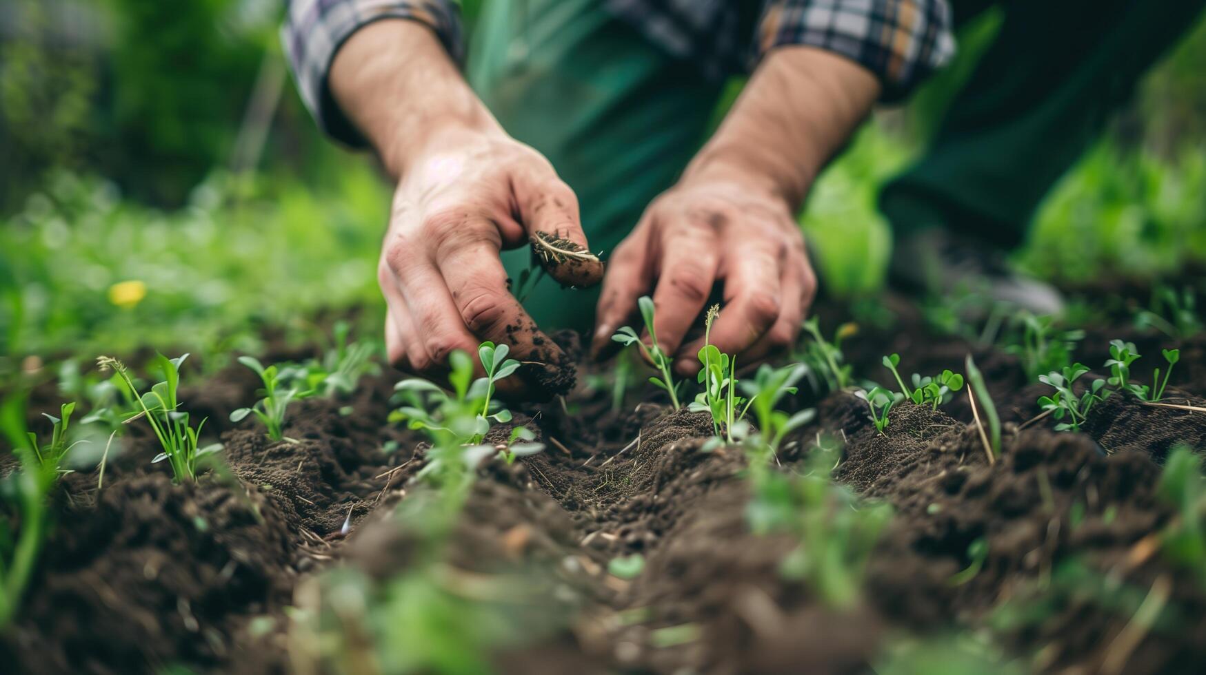 A close-up shot of a gardener's hands carefully smoothing out freshly laid turf, capturing the texture and detail photo