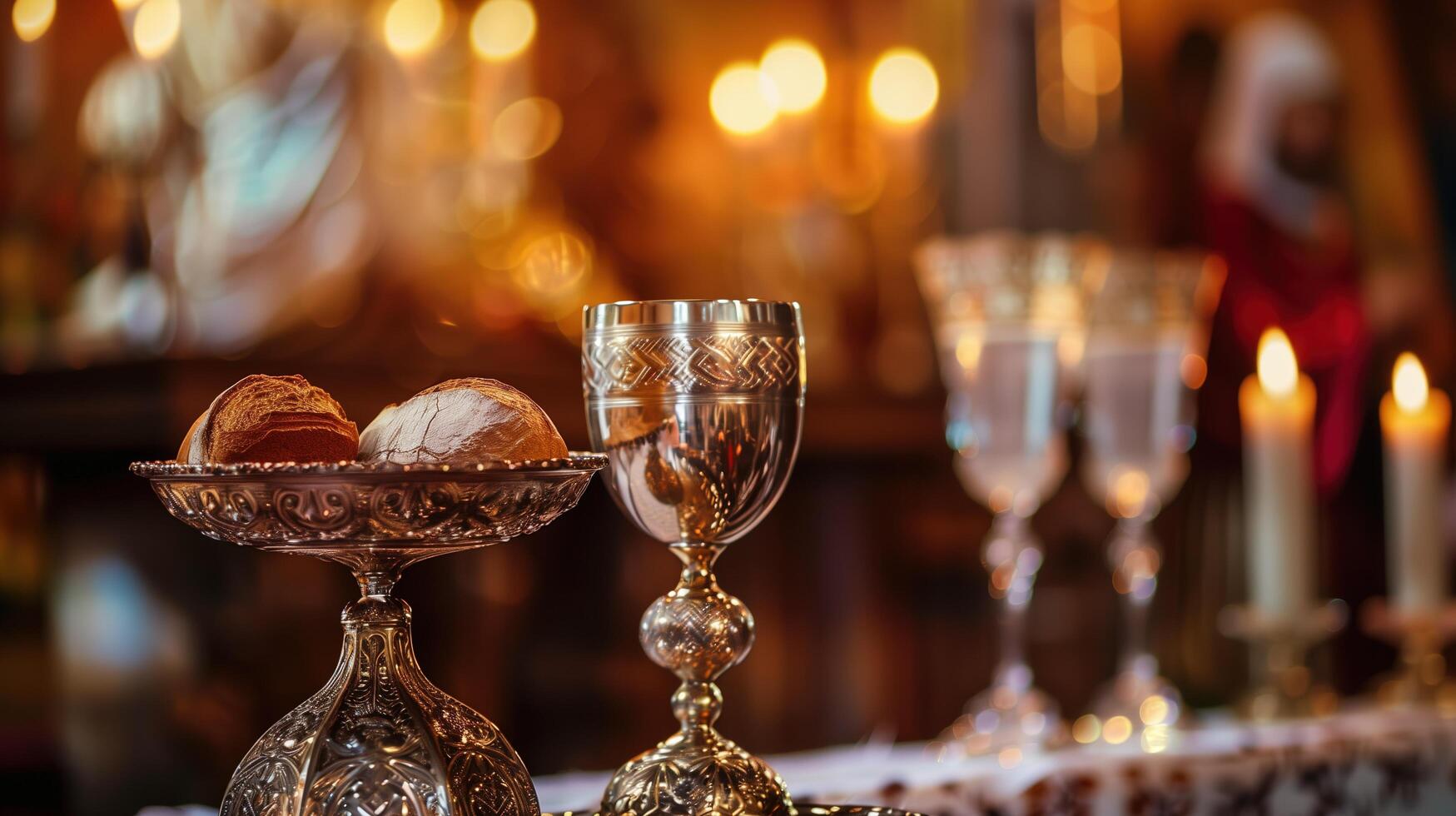 A close-up photograph of the Holy Communion bread and wine placed on an ornate silver tray, set against the backdrop of a traditional church altar photo