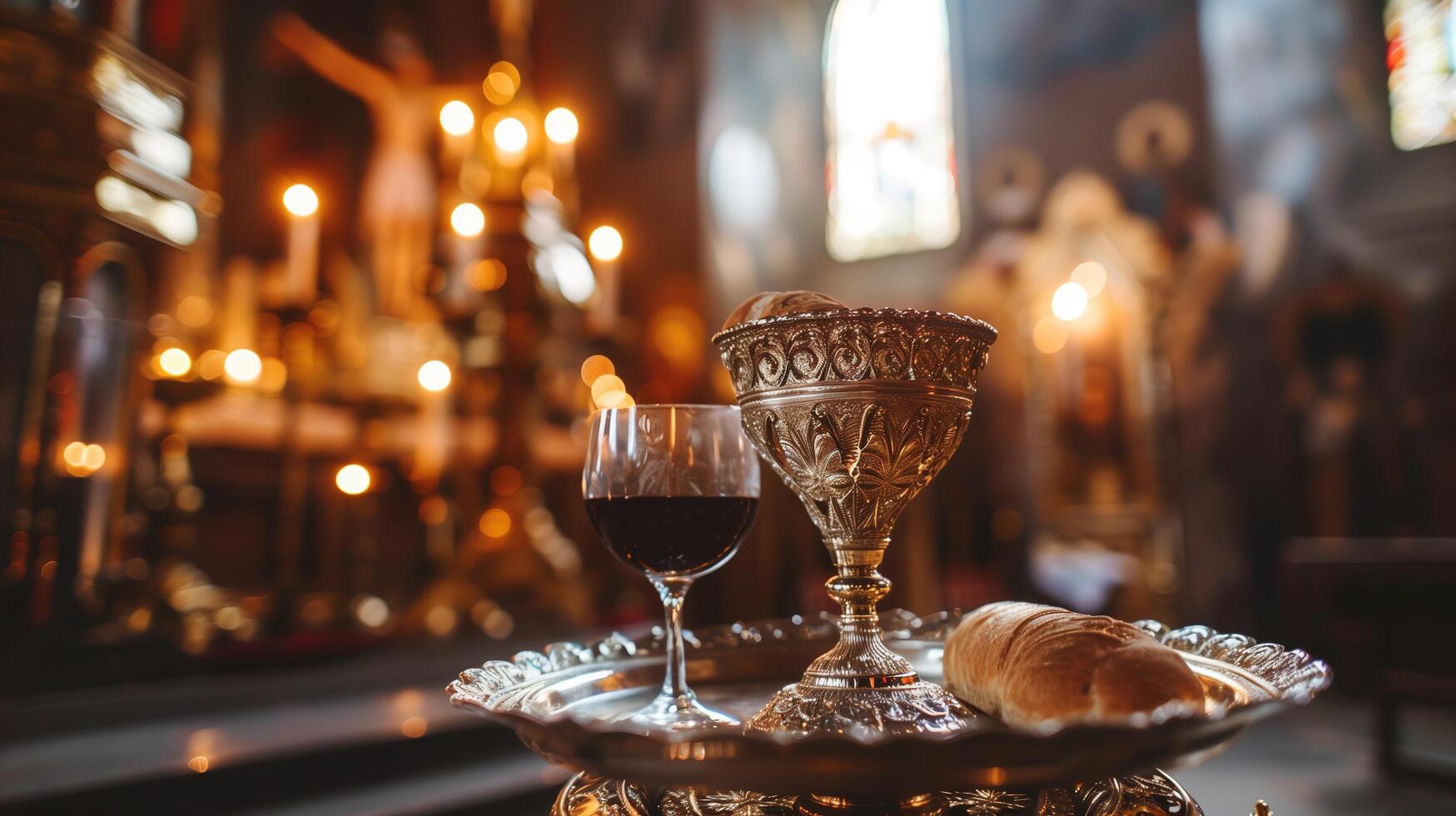 A close-up photograph of the Holy Communion bread and wine placed on an ornate silver tray, set against the backdrop of a traditional church altar photo