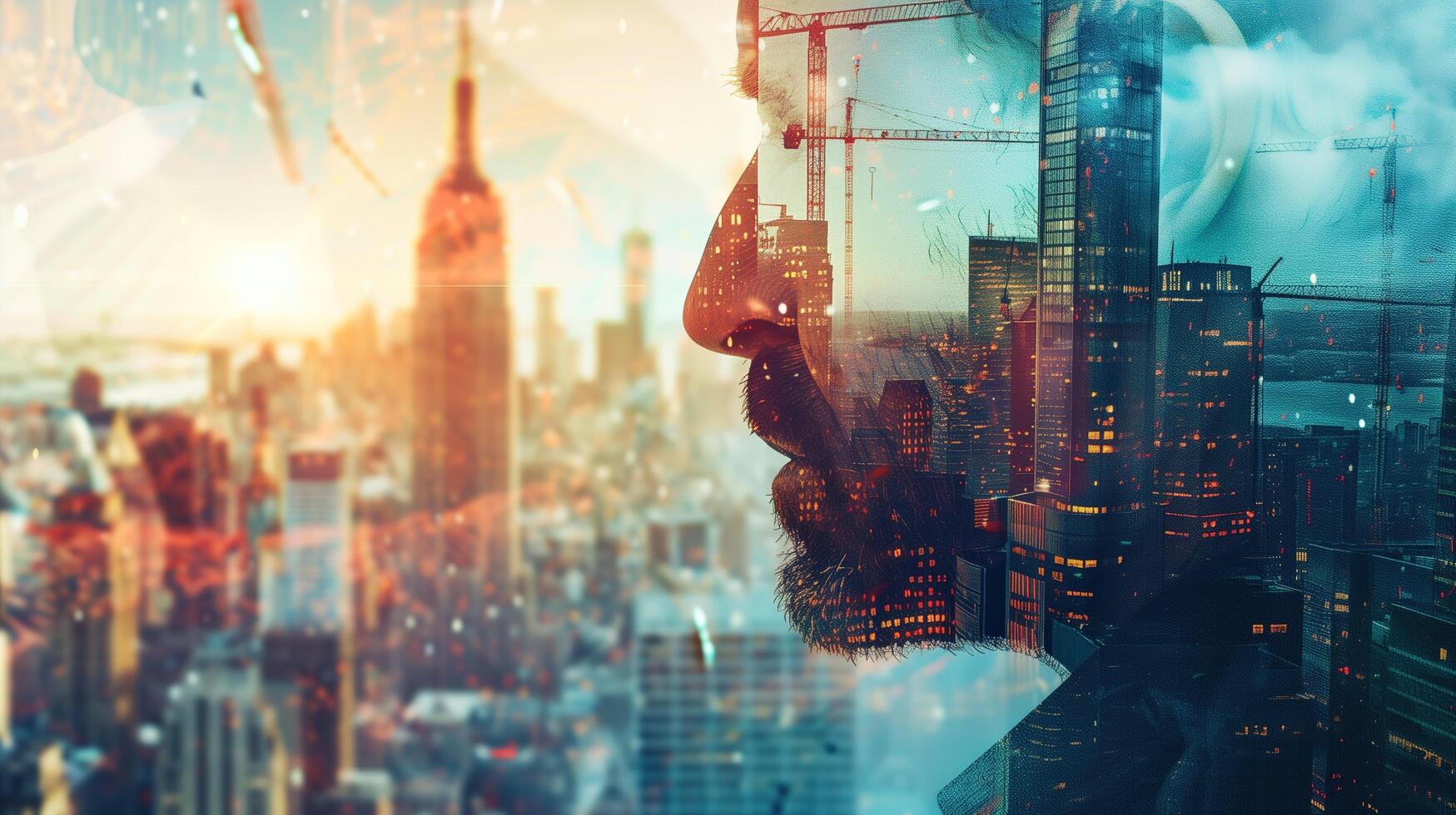 A close-up shot of a man's face, filled with a mix of curiosity and contemplation, as he looks out at a construction site against the backdrop of a vibrant urban landscape photo