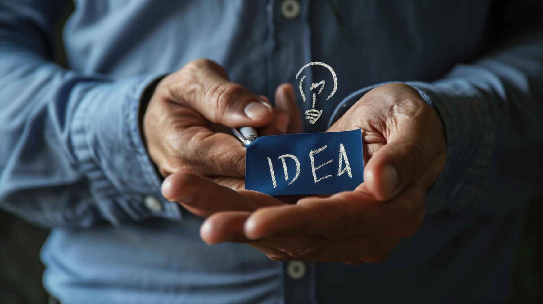 A close-up of a businessman's hand gesturing with IDEA written on the palm photo