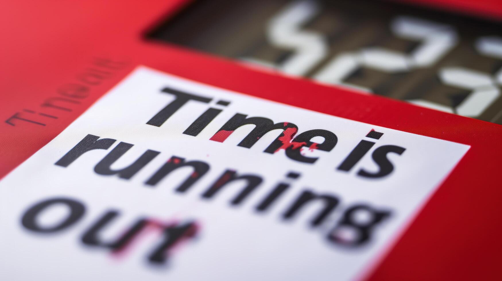 A close-up of an hourglass with sand almost fully drained, text Time is running out on paper next to it photo