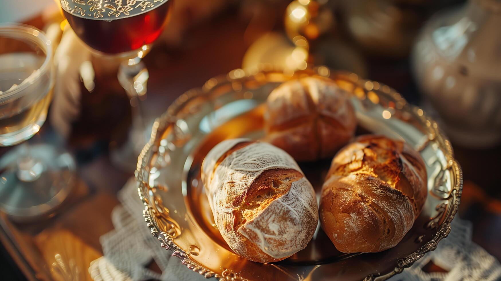 A close-up photograph of the Holy Communion bread and wine placed on an ornate silver tray, set against the backdrop of a traditional church altar photo