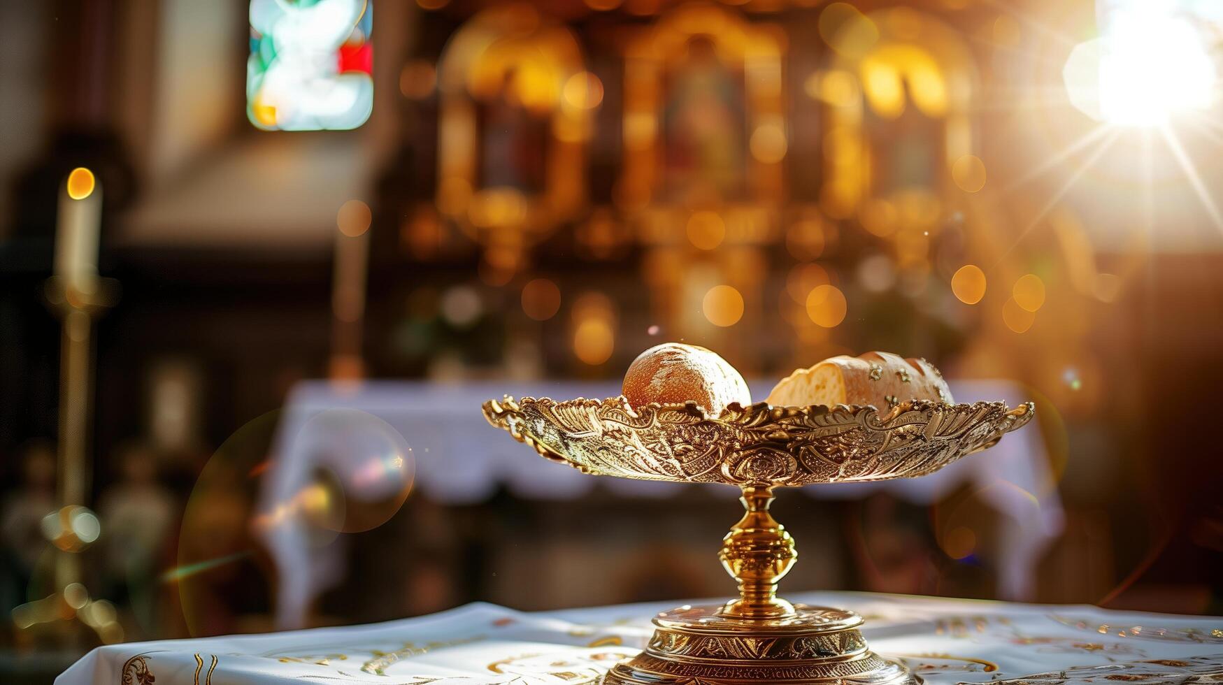 A close-up photograph of the Holy Communion bread and wine placed on an ornate silver tray, set against the backdrop of a traditional church altar photo