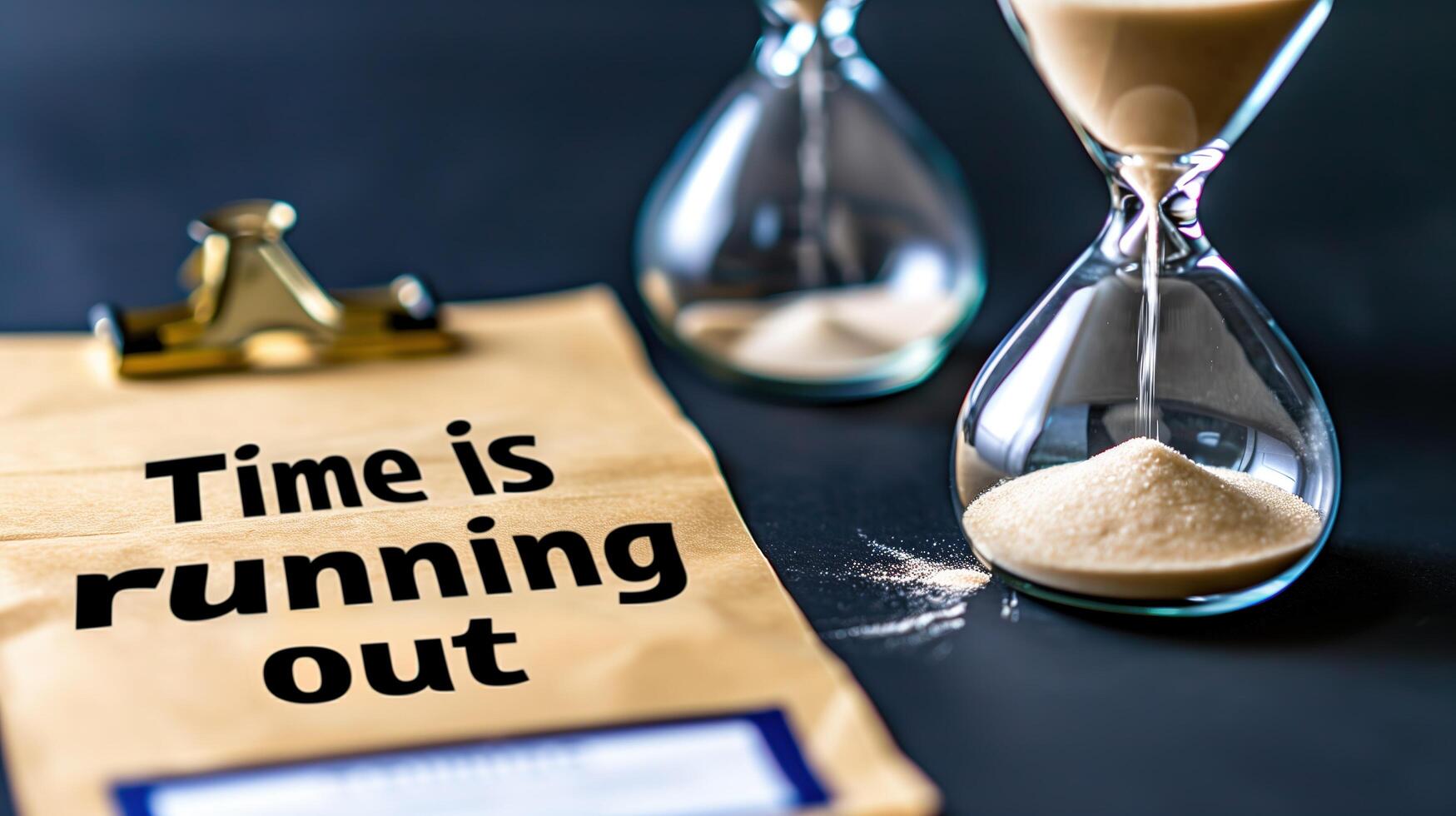 A close-up of an hourglass with sand almost fully drained, text Time is running out on paper next to it photo