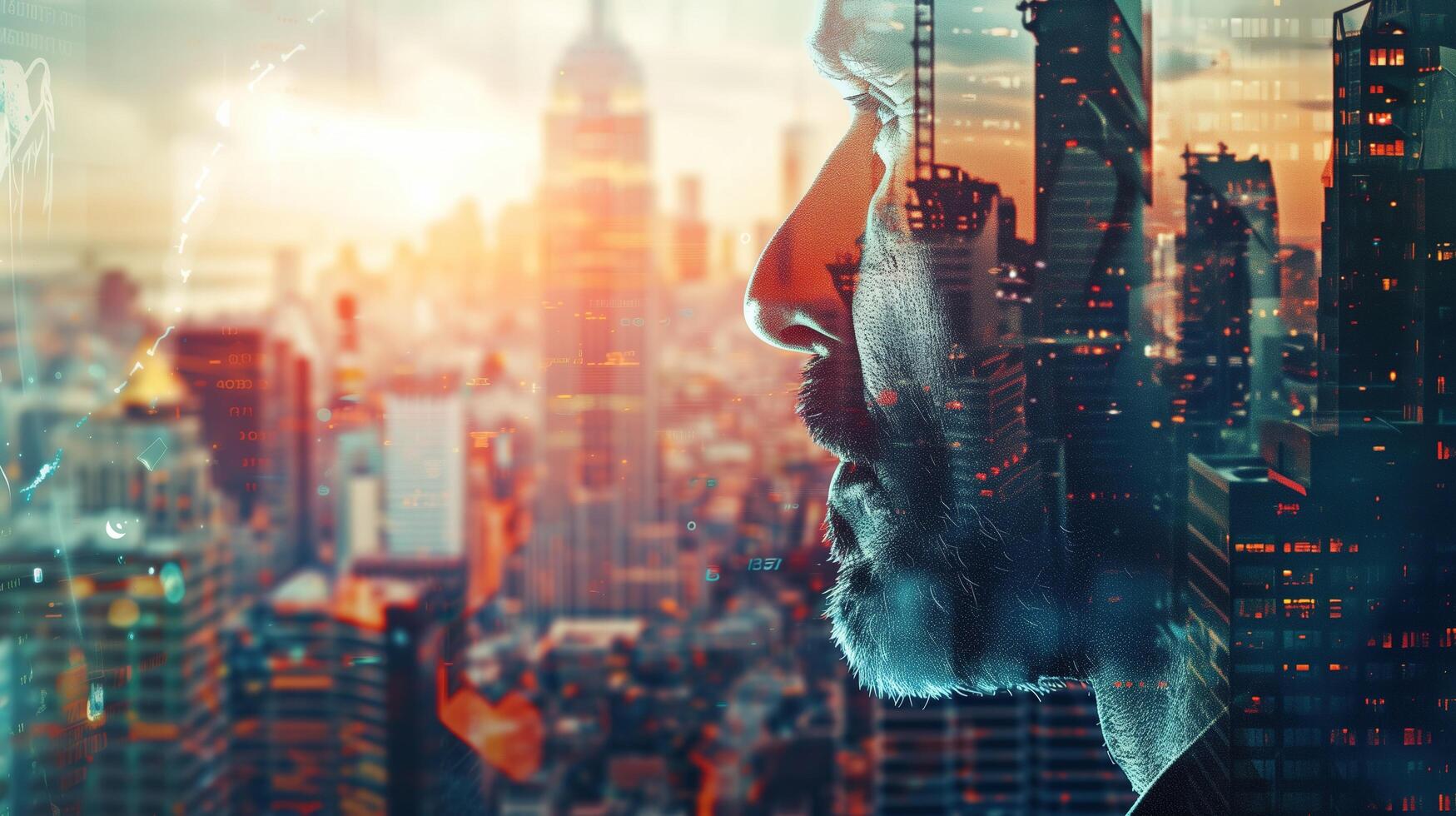 A close-up shot of a man's face, filled with a mix of curiosity and contemplation, as he looks out at a construction site against the backdrop of a vibrant urban landscape photo