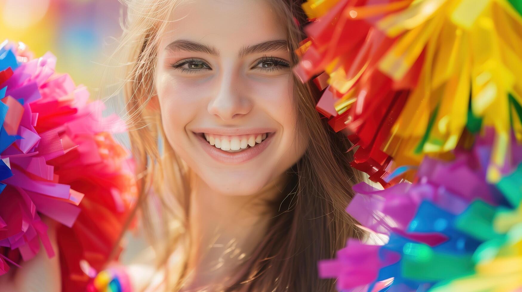 A close-up of a cheerleader girl smiling brightly while holding colorful pompoms photo