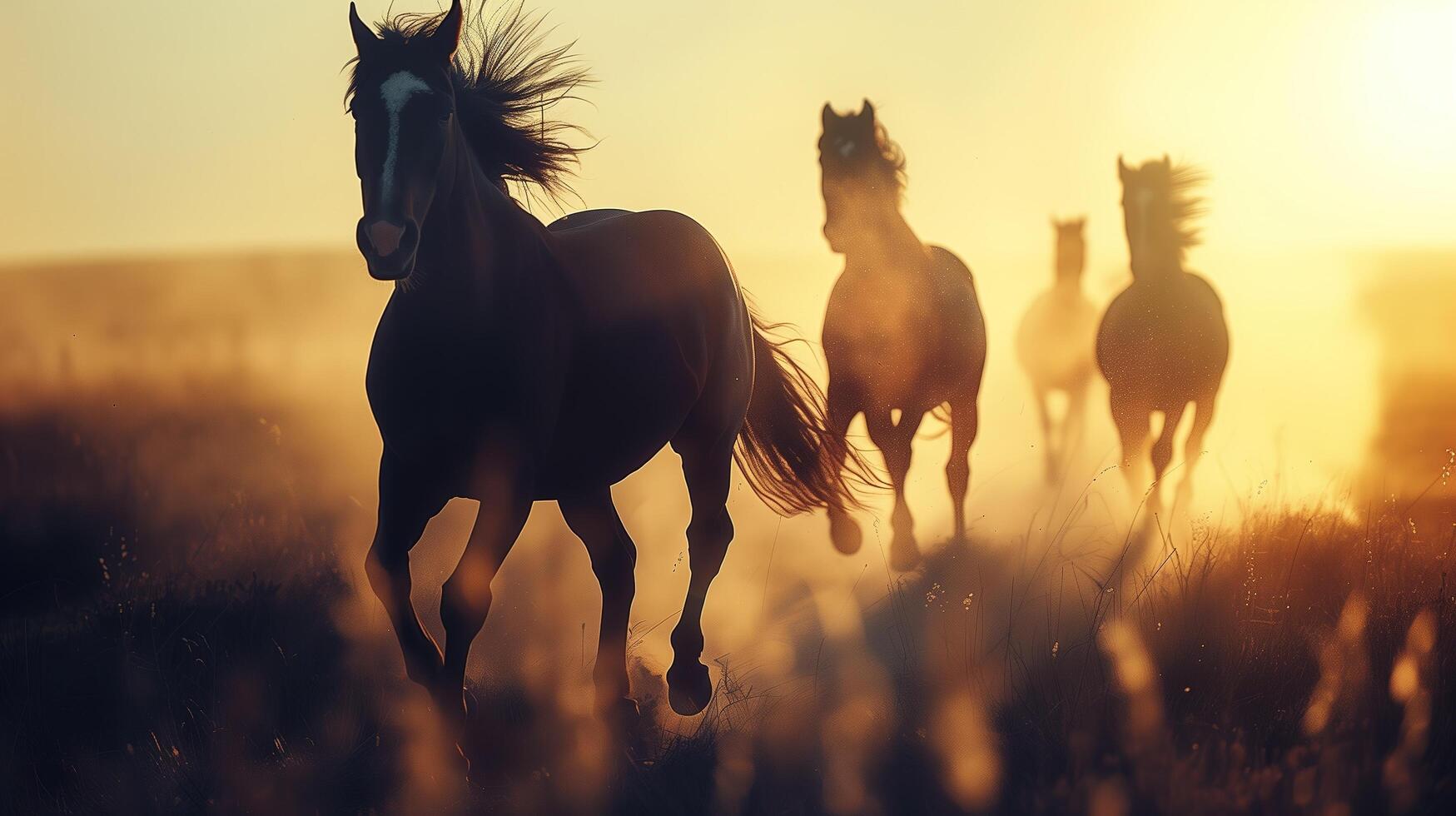 A close-up portrait silhouette of horses running on plains, the sun casting long shadows, highlighting their graceful movement photo