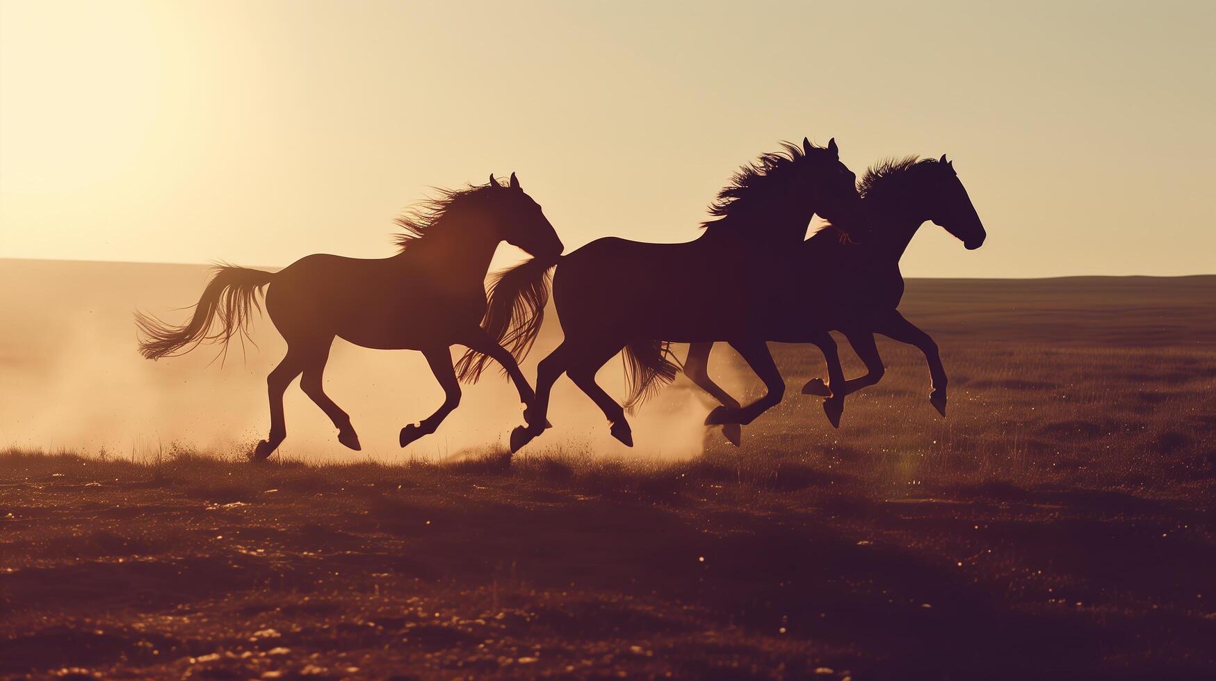 A close-up portrait silhouette of horses running on plains, the sun casting long shadows, highlighting their graceful movement photo