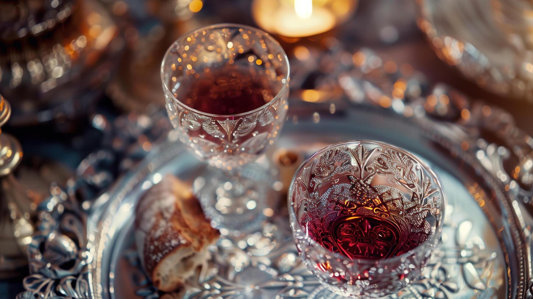 A close-up photograph of the Holy Communion bread and wine placed on an ornate silver tray, set against the backdrop of a traditional church altar photo