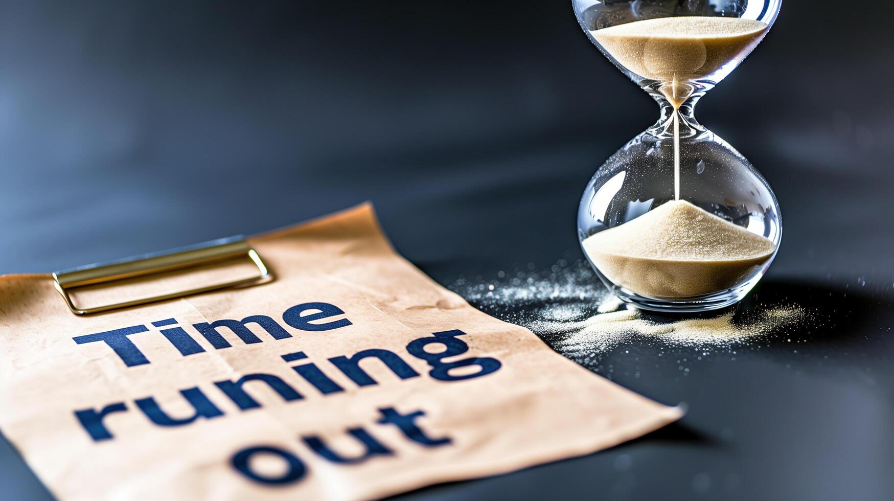 A close-up of an hourglass with sand almost fully drained, text Time is running out on paper next to it photo
