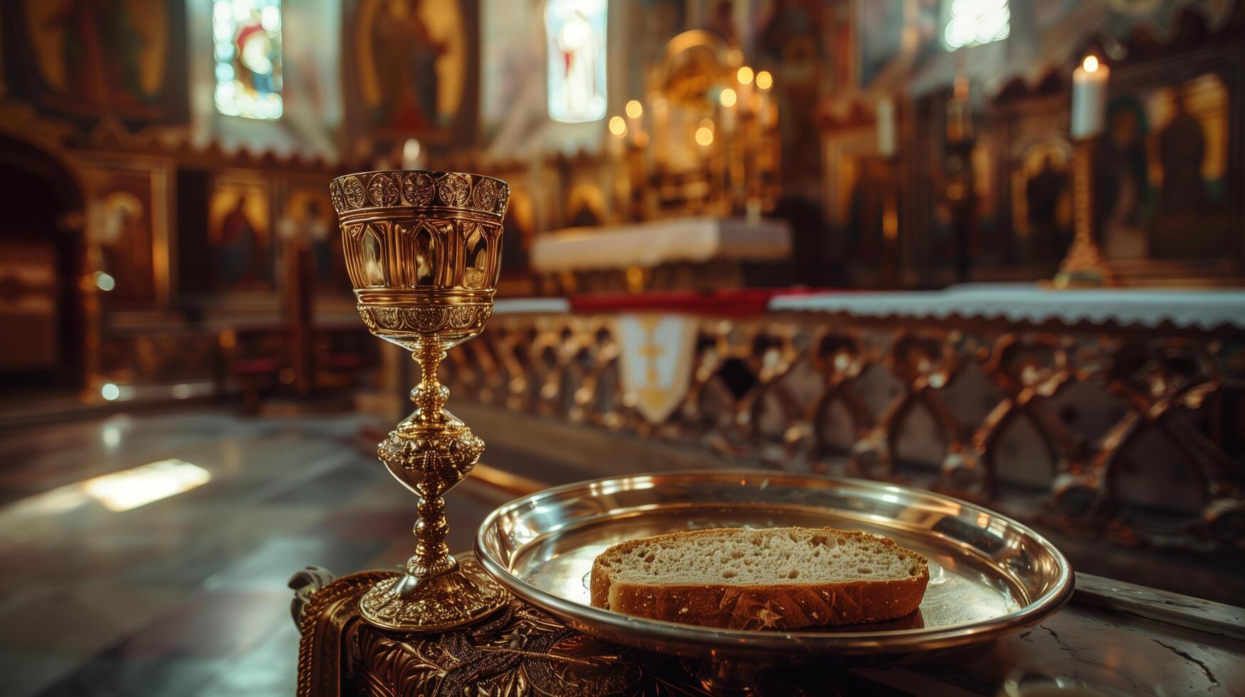 A close-up photograph of the Holy Communion bread and wine placed on an ornate silver tray, set against the backdrop of a traditional church altar photo