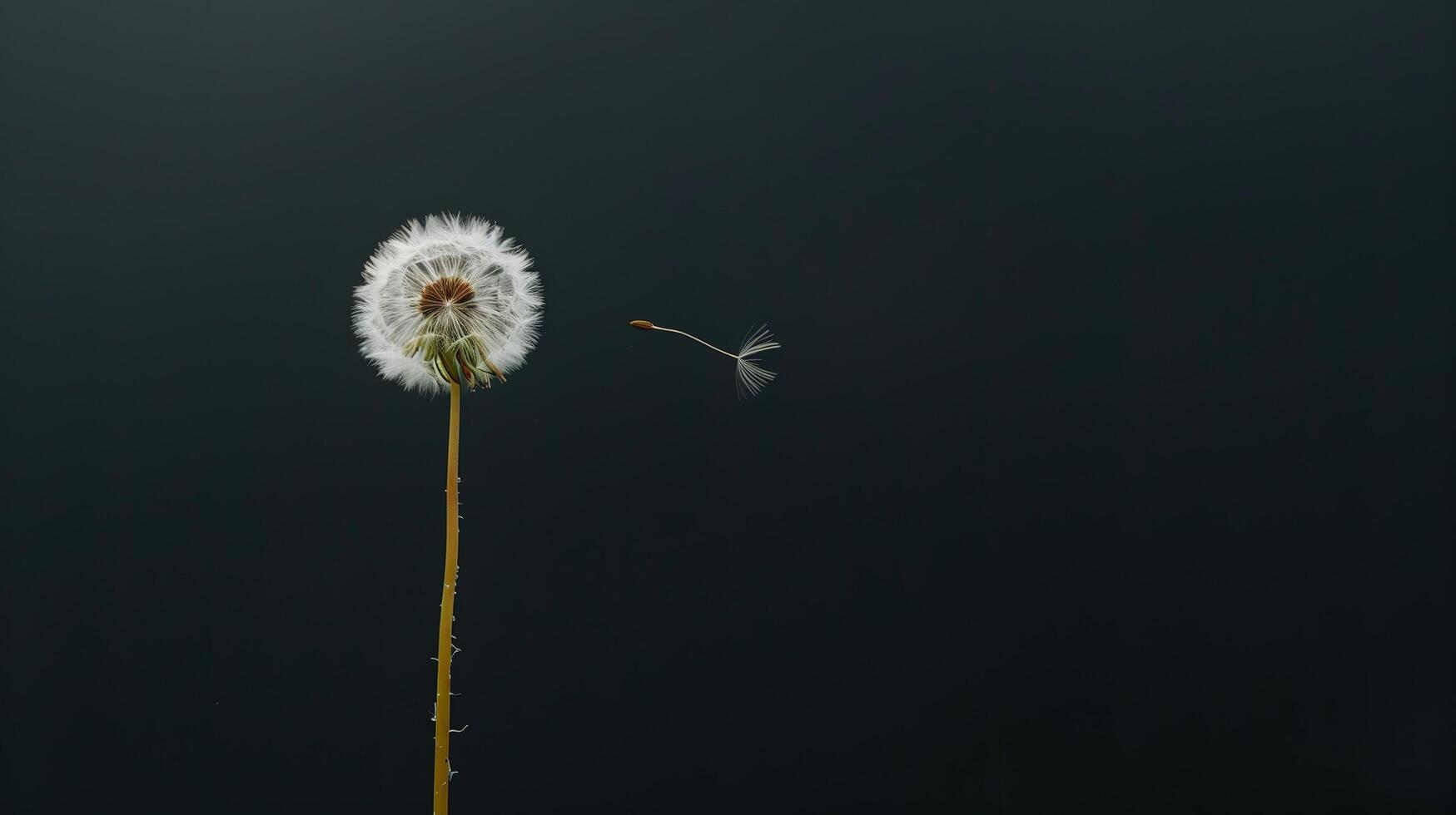 A close-up shot minimalist composition featuring a solitary dandelion standing tall against a stark black background, its seed suspended in the air photo