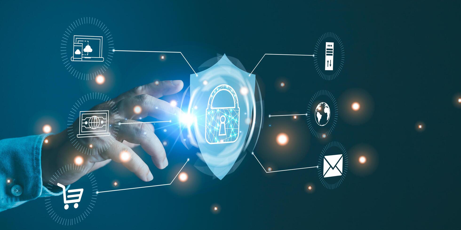 Businessmen touch virtual screen interfaces with protect personal data information from viruses. Cyber security and privacy protection network security computer and safe data concept. photo