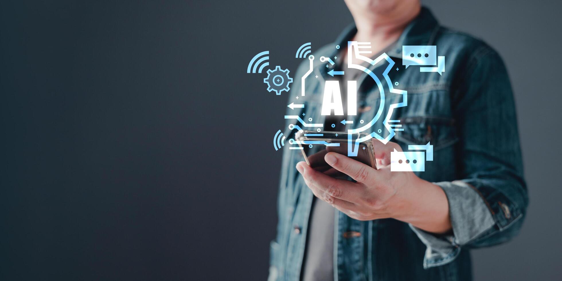 Digital Artificial Intelligence AI technology disruption concept.man use smartphone Ai chat. Big data storage.Innovative technology Machine learning support in the business. photo