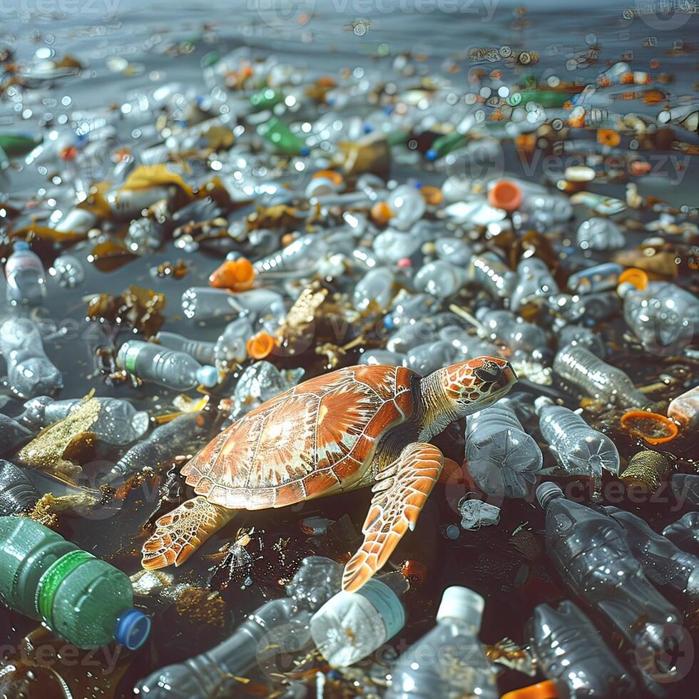 A turtle is gracefully moving through a cluster of plastic bottles in the water photo