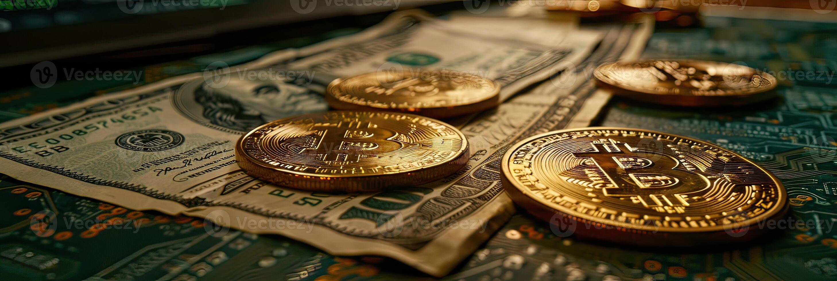 A heap of gleaming gold coins rests atop a stack of bills and currency photo