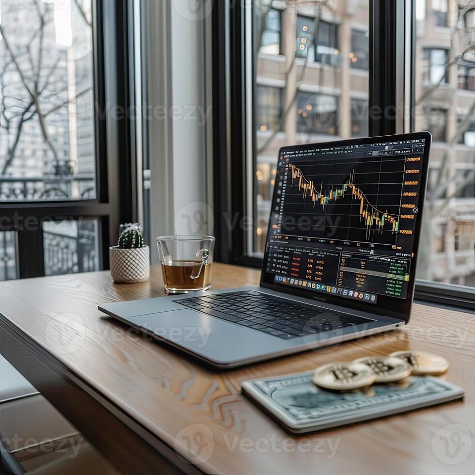 A laptop computer is placed on a wooden table by a window photo