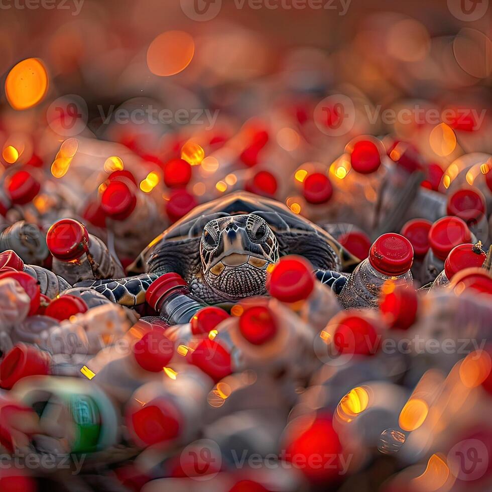 A turtle is surrounded by a collection of plastic bottles photo