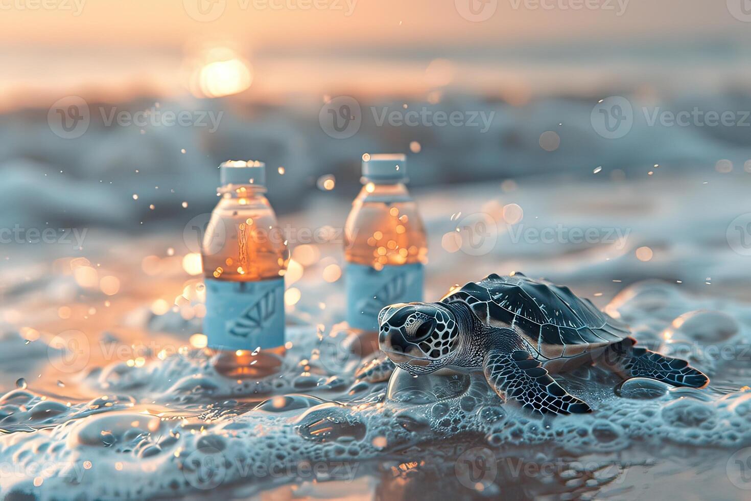 Two aquafina bottles are placed next to a turtle on the beach photo