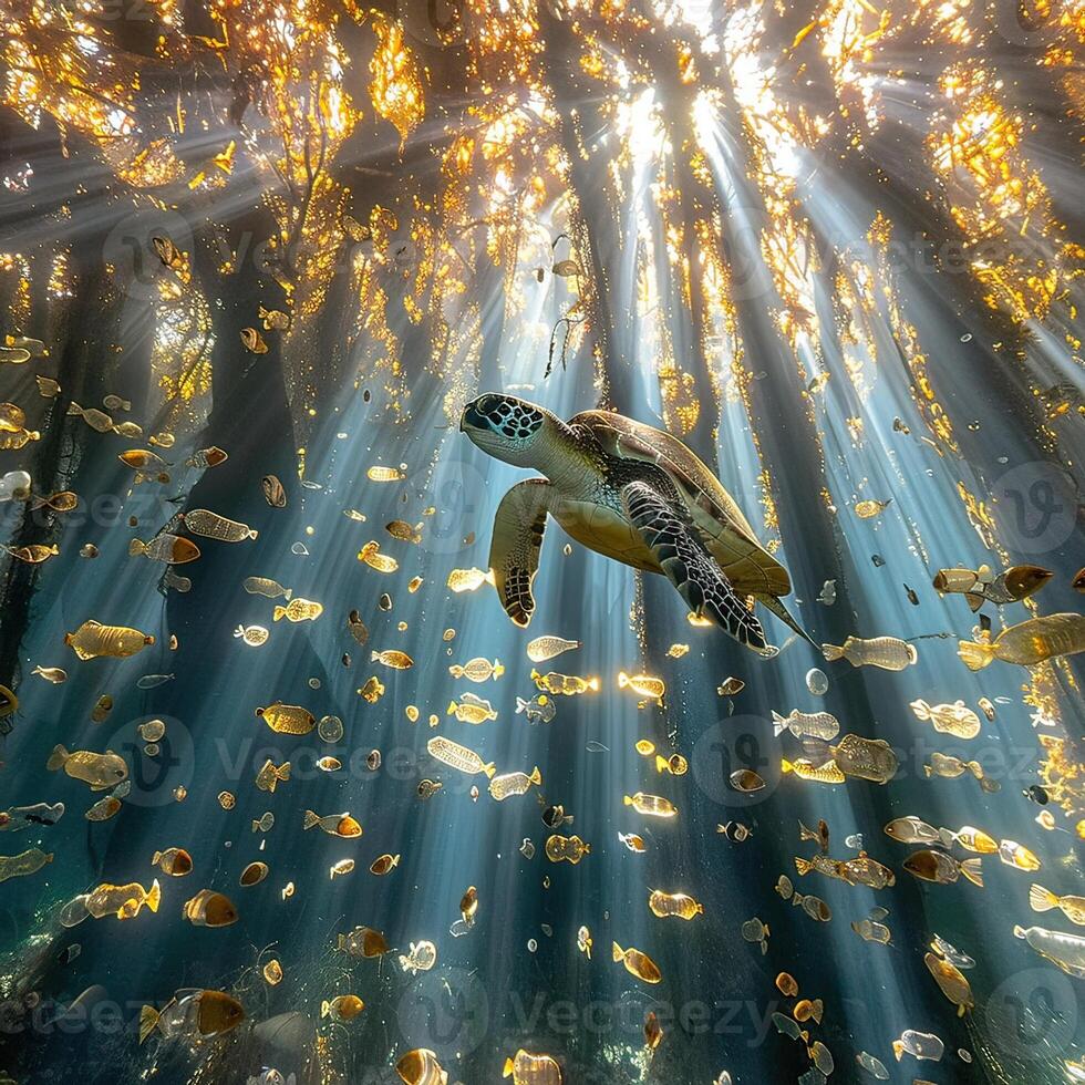 A sea turtle is gracefully swimming in the ocean among a variety of fish photo