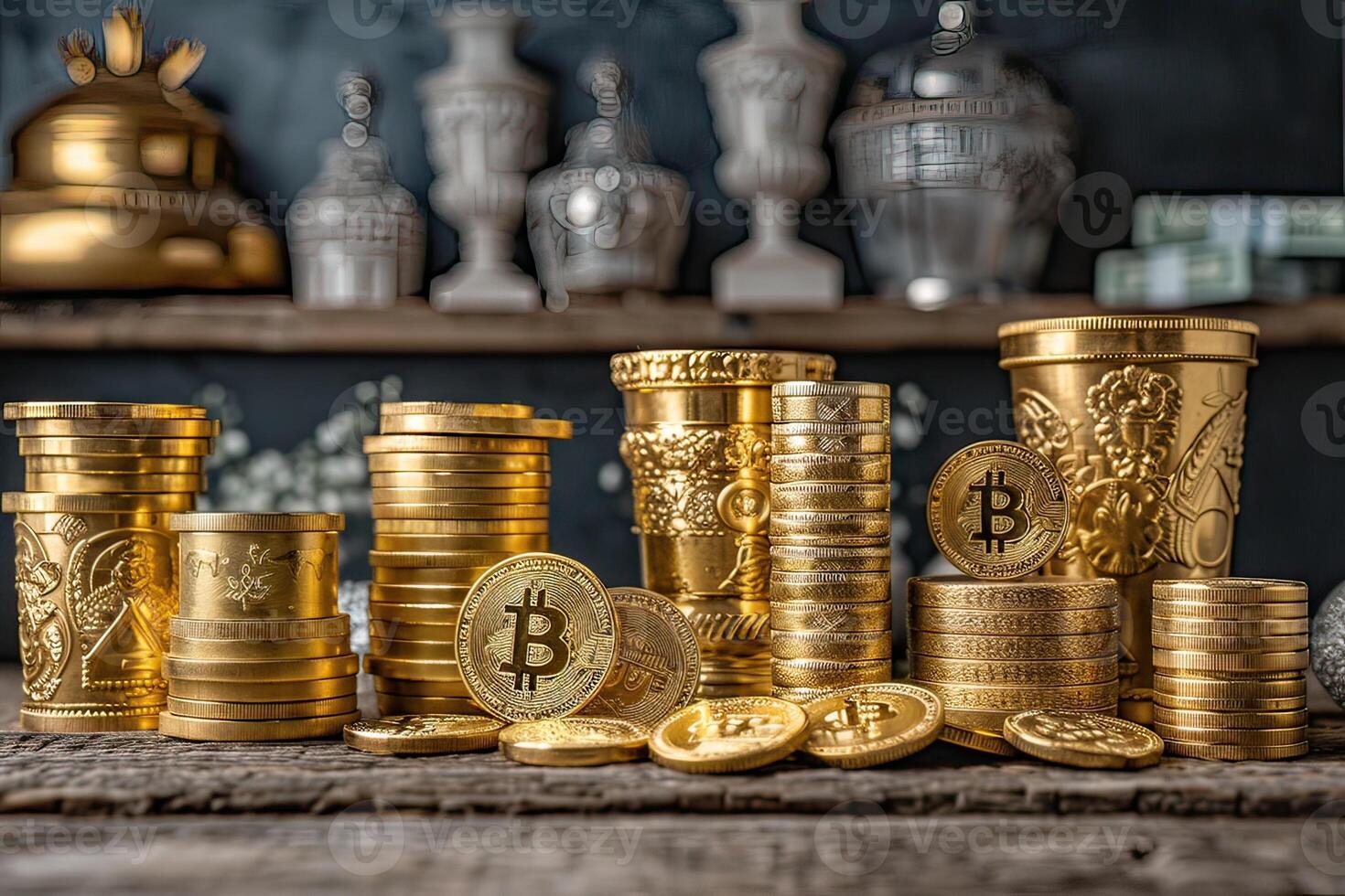 There are gold coins neatly piled on a table surface photo