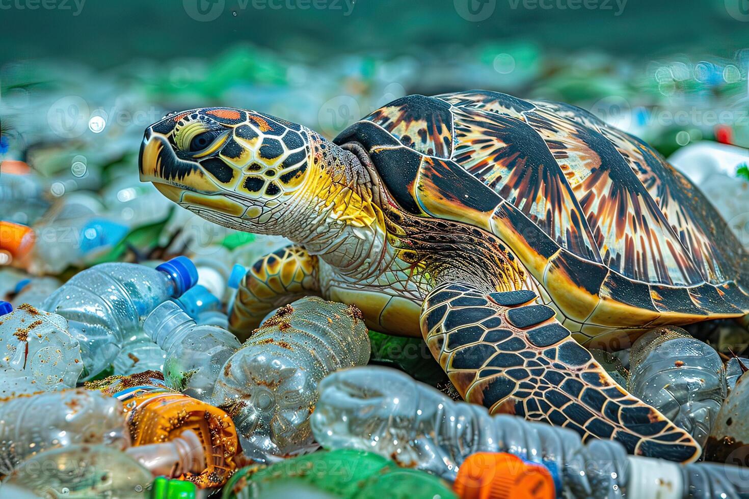 A sea turtle on plastic bottles highlights marine pollution issue photo