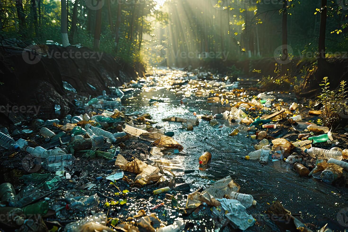 A river running through the forest clogged with plastic bottles and waste photo