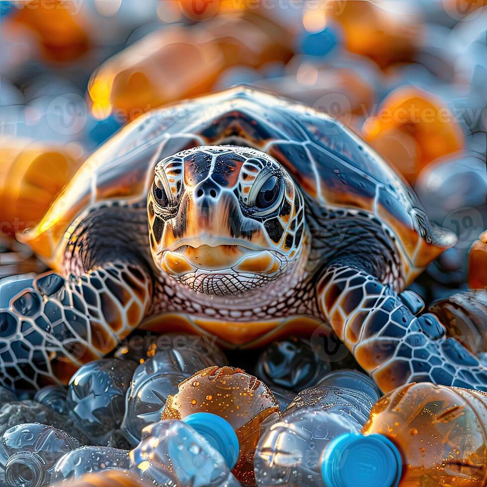 A sea turtle sits atop a heap of plastic bottles in the ocean photo