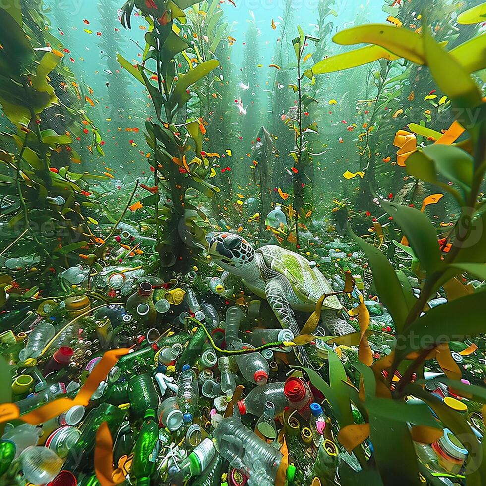 A coral reef teeming with abundant plant life alongside plastic waste photo