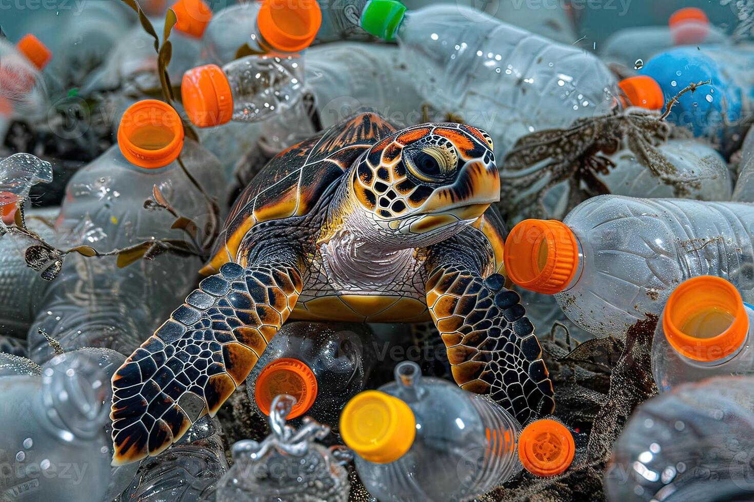 A sea turtle struggles in a polluted environment with plastic bottles and caps photo