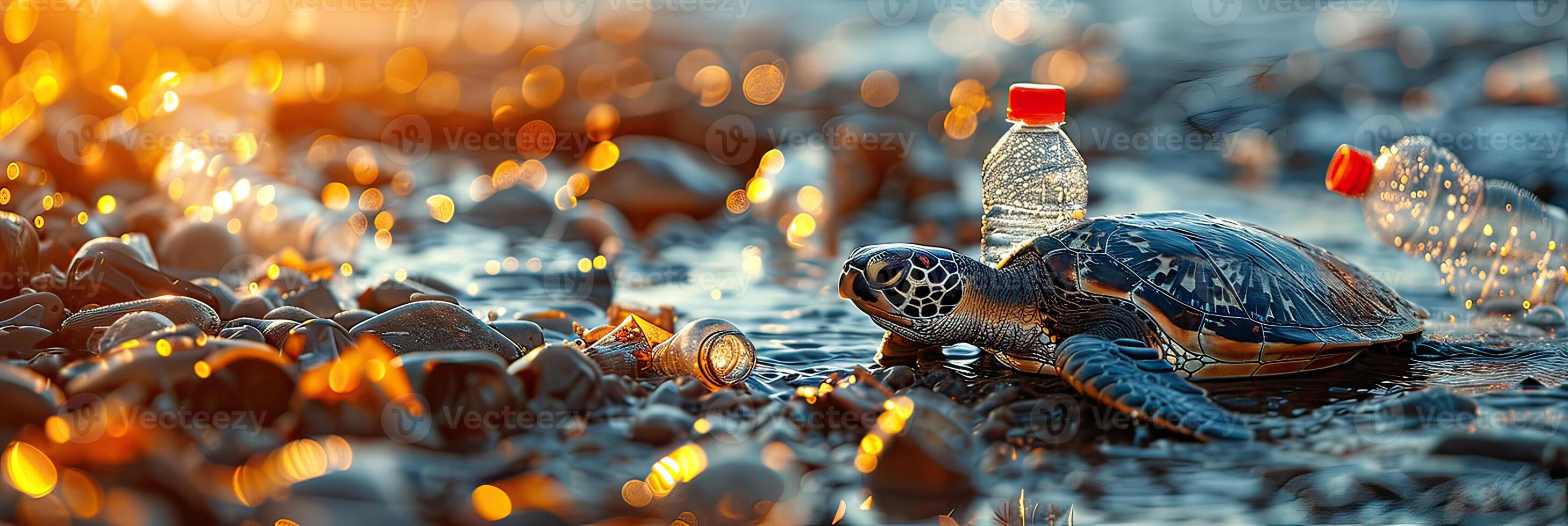 A sea turtle swims with plastic bottle on its back in the ocean photo