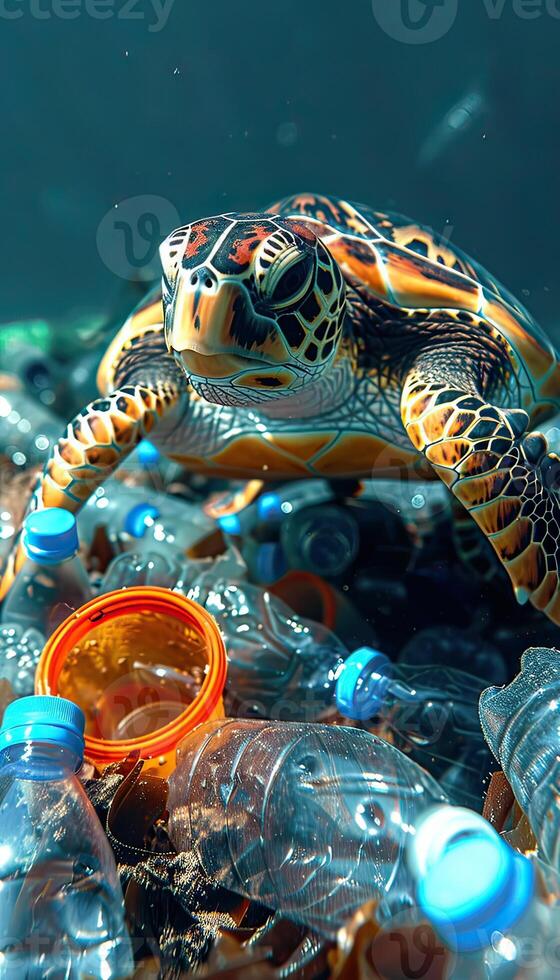 A sea turtle is navigating through a cluster of plastic bottles in the ocean photo