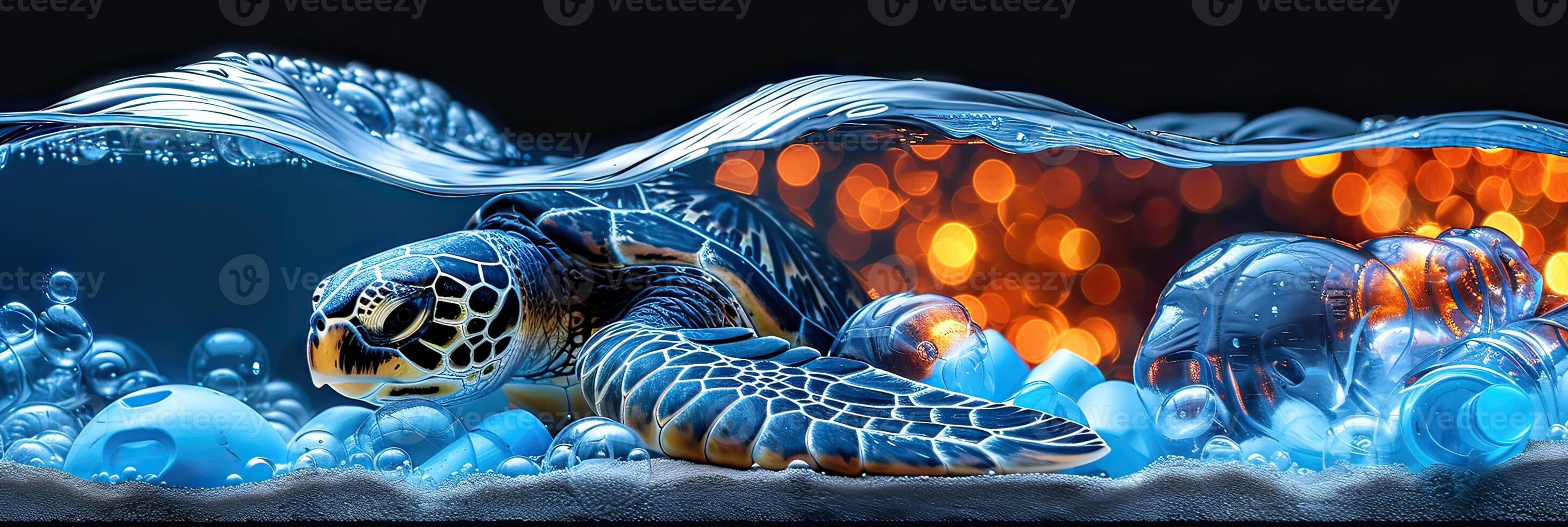 A sea turtle swims in the ocean among plastic bottles photo
