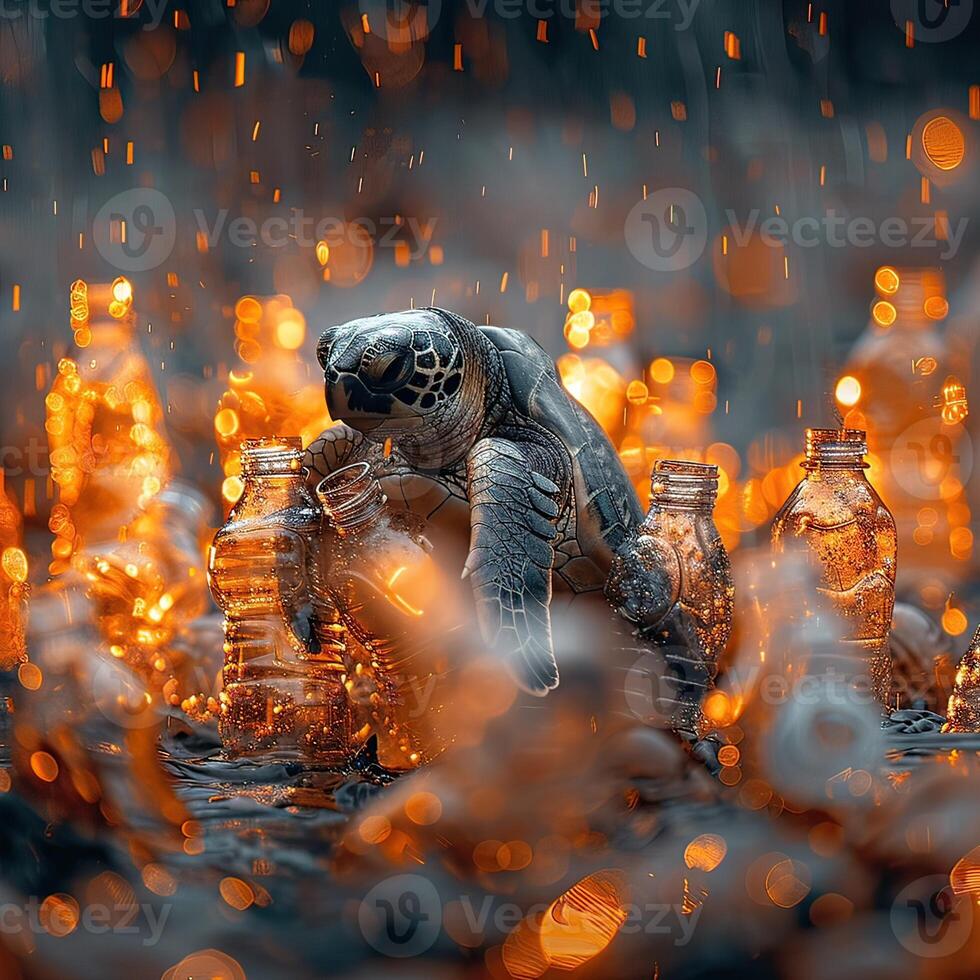 In the water, a turtle is resting on a stack of bottles photo