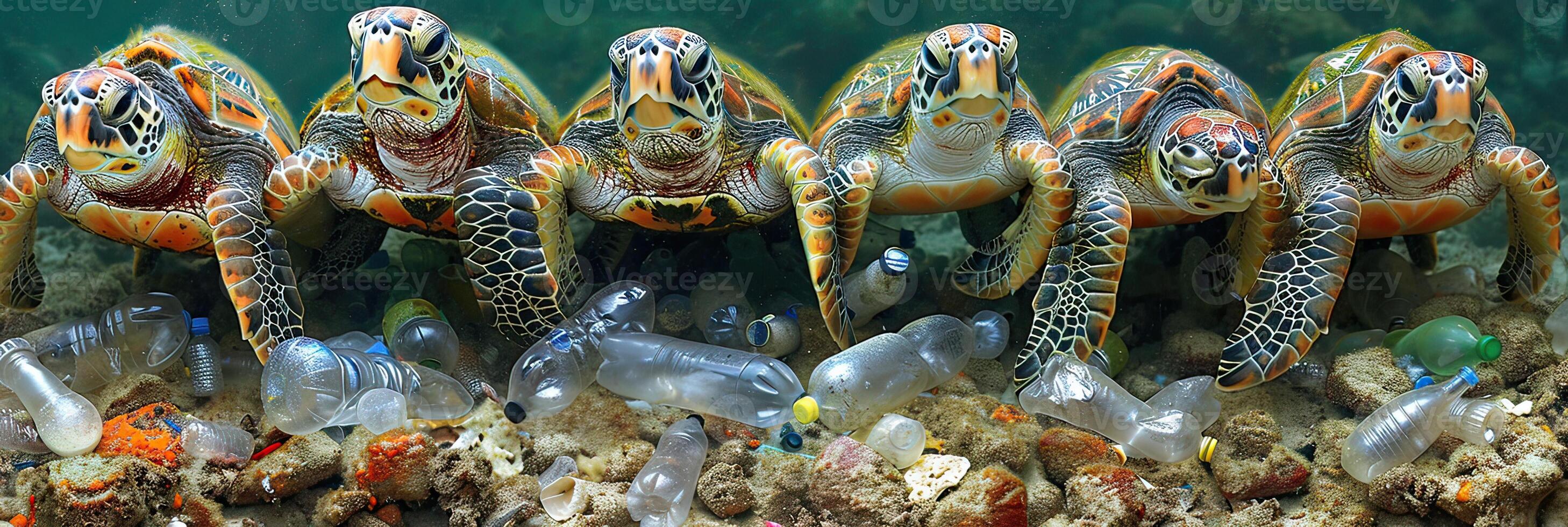Sea turtles are surrounded by plastic bottles on a coral reef photo