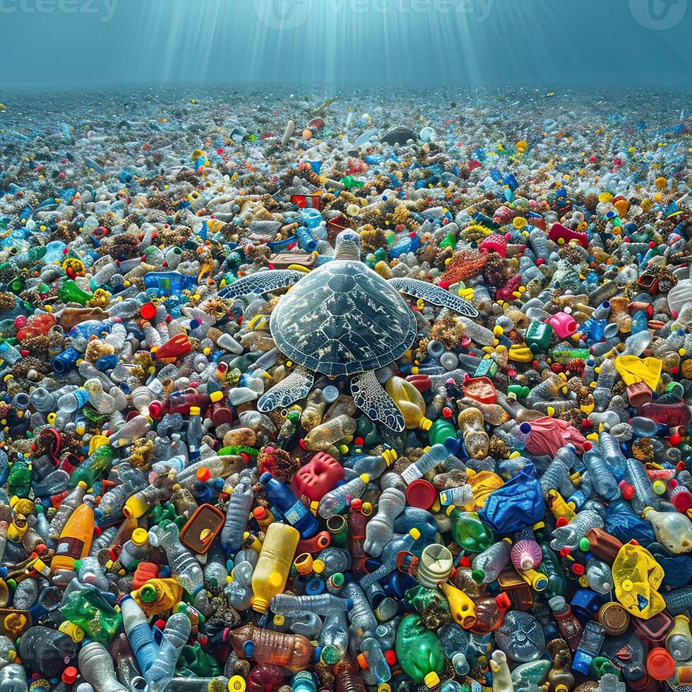 In the ocean, a turtle is perched atop plastic debris photo