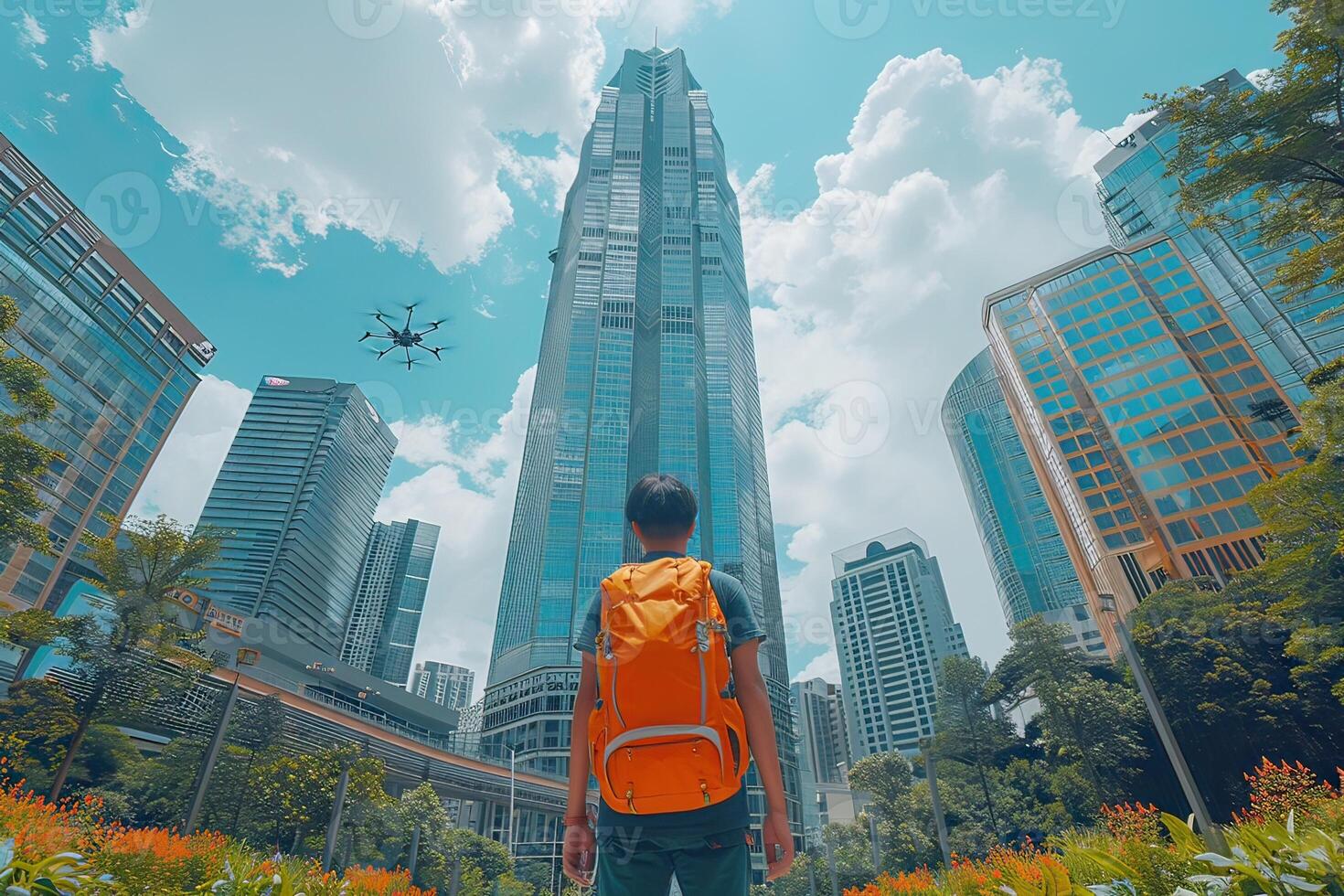 A man carrying an orange backpack is standing in front of a tall building photo