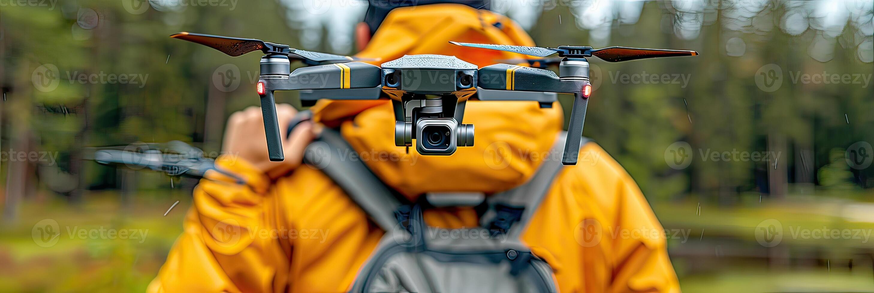 Man in yellow jacket holding drone over shoulder with bicycle handlebar photo