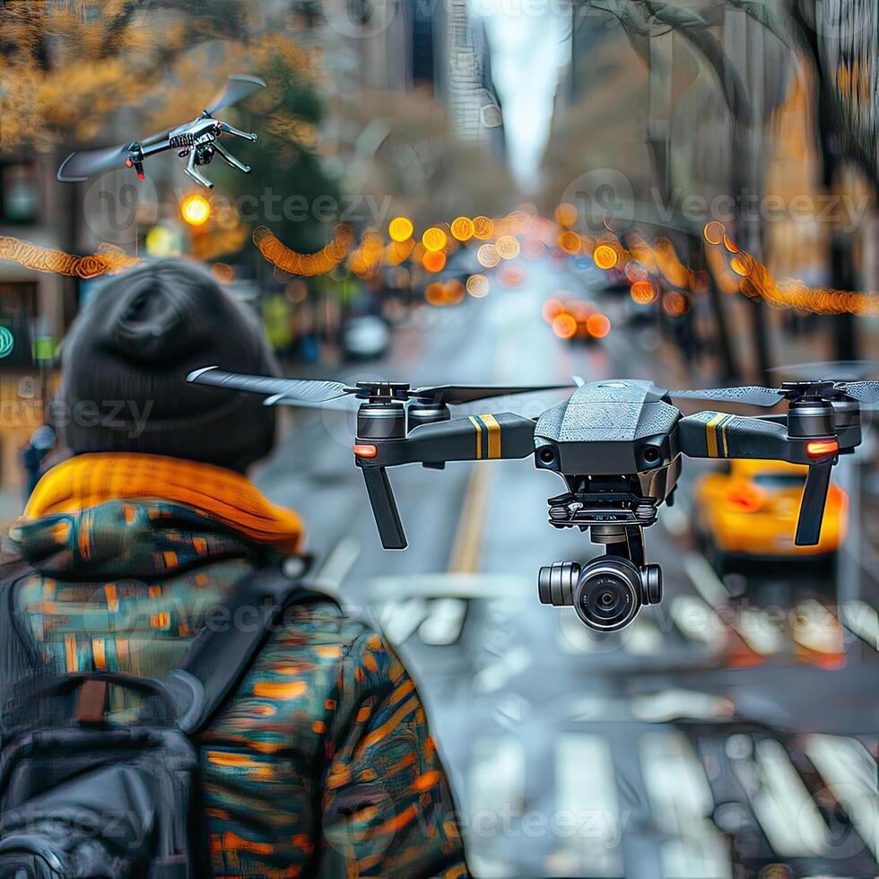 Man holding drone with camera in urban area, trees, buildings photo