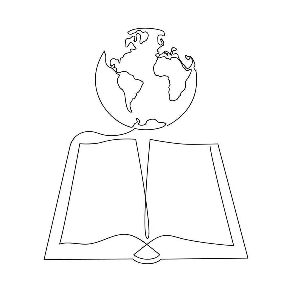 World in the book in one continuous line. One line drawing, minimalism. vector