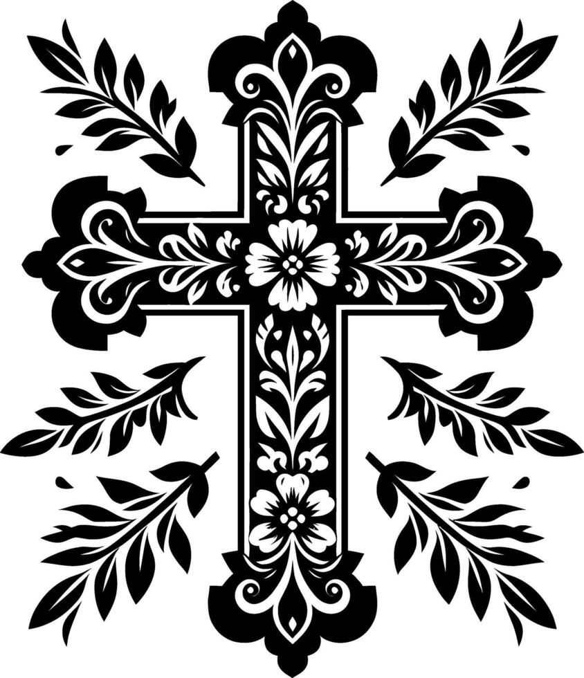 Cross decorative Floral design Silhouette Motif Pattern, Holy cross with Flower design elements sihloette pattern black and white vector